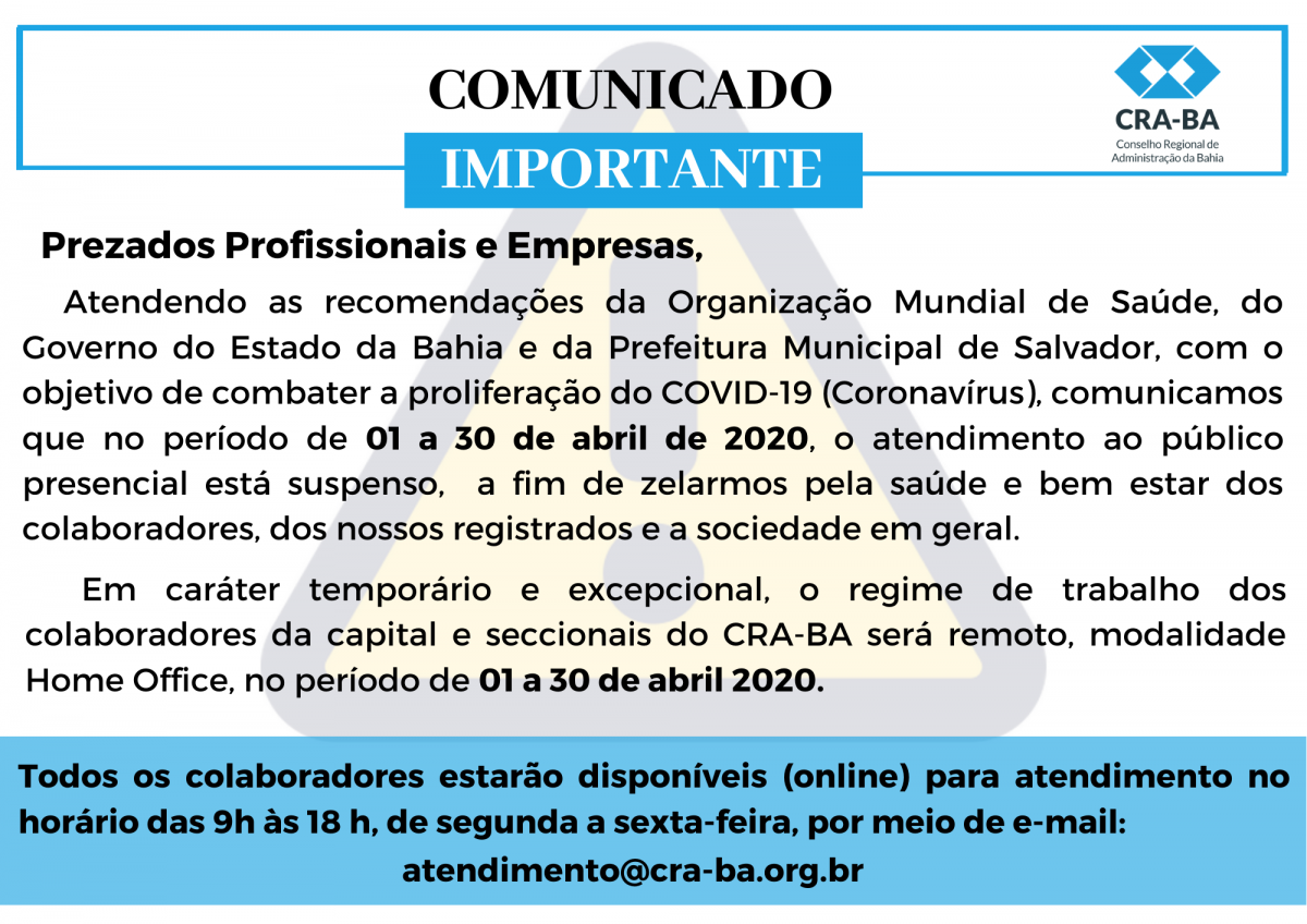 Read more about the article Aviso: Funcionamento do Conselho Regional de Administração – CRA-BA