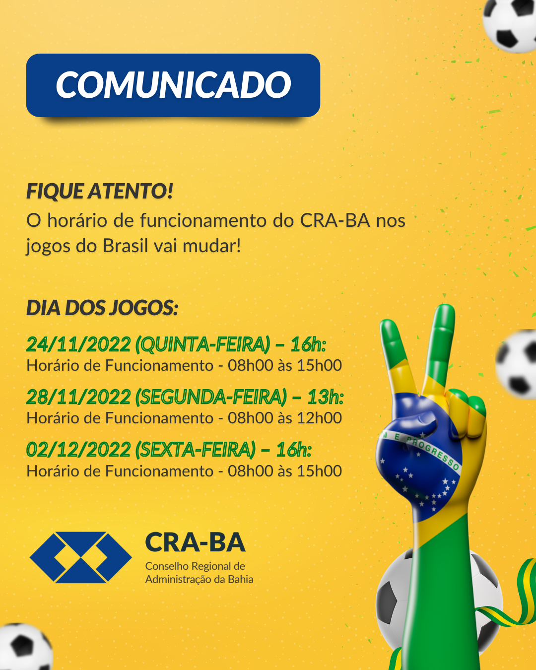 You are currently viewing Horário de funcionamento do CRA-BA nos dias de jogos da Seleção Brasileira na Copa 2022